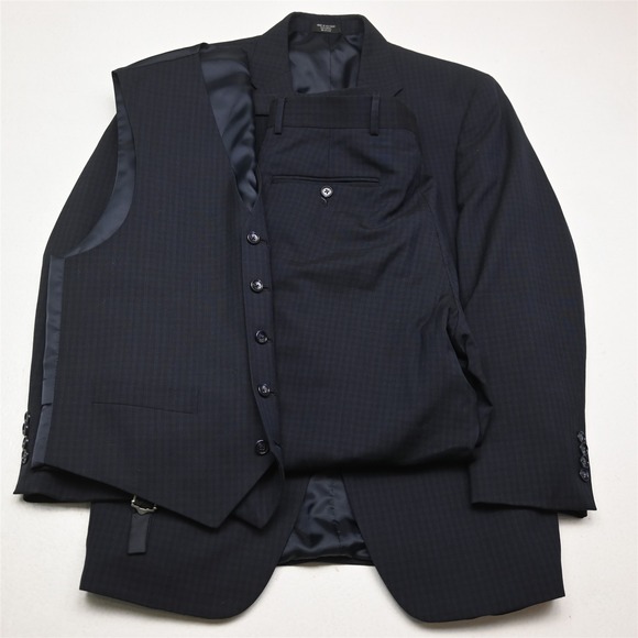 Jones New York 38S 30x30 Blue Check 100% Wool 3 Piece Vest Jacket Pants Suit